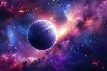 Breathtaking view of a distant planet with vibrant swirling nebula and stars in deep space