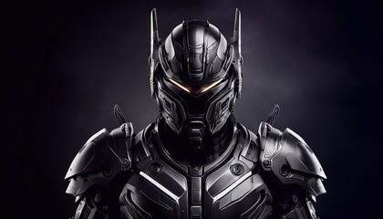 Naklejka premium Robot with shiny black battle armor. Futuristic scenario with lights. Technology, future, cyberpunk, cyber, cool, amazing, original,, strong, serious. Robot with an armor. Picture. Photo