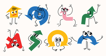 Set of Various bright basic Geometric arrows character shapes with face emotions, different cartoon basic figures. Cute colorful shapes, trendy colors. Vector illustration isolated on background
