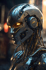Fototapeta premium Face of humanoid metal robot close-up. Glowing eyes.