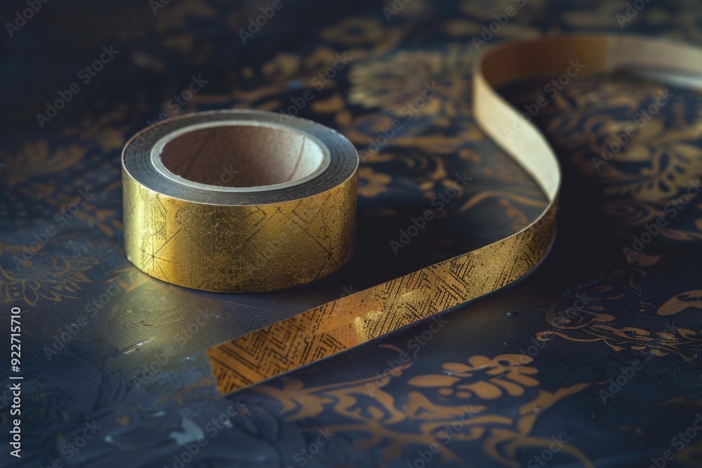 Poster a roll of tape sits atop a table surface, ready for use