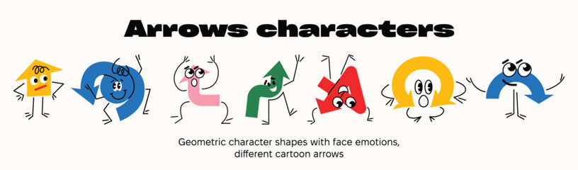 Set of Various bright basic Geometric arrows character shapes with face emotions, different cartoon basic figures. Cute colorful shapes, trendy colors. Vector illustration isolated on background