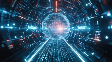 A futuristic digital world with binary code, symbolizing the impact of AI on global data and technology development. The center features an illuminated globe surrounded by light beams. Generative AI.