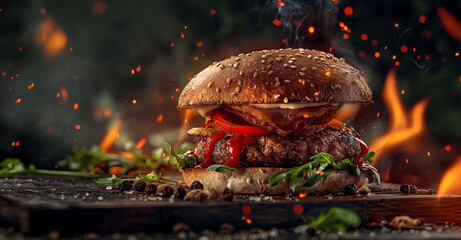 Food photography of a double cheeseburger with bacon, depicted in a hyper-realistic style
