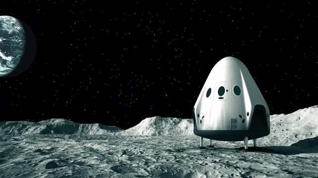 Lunar lander on the Moon with Earth in background. 3d animation. 4k.