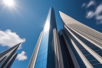 Low angle view of modern skyscrapers against blue sky with clouds, Buildings