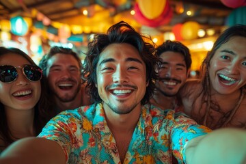 Naklejka premium Group of Asian friends celebrating together, all smiling and happy