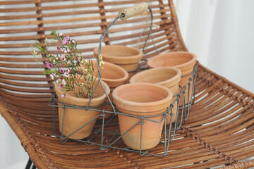 A wicker chair with a metal basket holding six terracotta pots, one of which contains small pink flowers. The setup evokes a rustic, natural aesthetic.