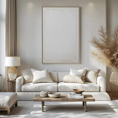 Aesthetic minimalist room interior design. Mockup picture frames. Mock up poster on the walls. Copy space. Scandi apartment for decoration. Neutral colors. Modern japandi style.