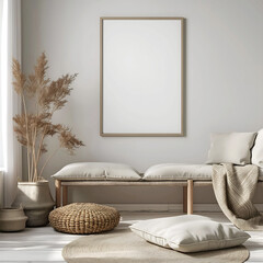 Aesthetic minimalist room interior design. Mockup picture frames. Mock up poster on the walls. Copy space. Scandi apartment for decoration. Neutral colors. Modern japandi style.