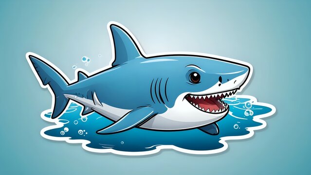 Cartoon sticker of a friendly shark with a big toothy smile.