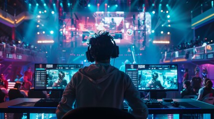 Intense esports tournament with gamers in action, competing on stage with large screens and cheering crowds