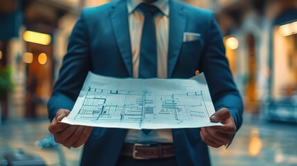 Businessman holding a blueprint chart. Generative AI.