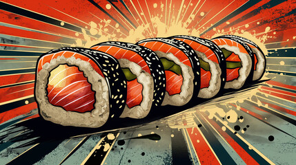 It is a Sushi ad designed like a comic book cover. It's a pop art sushi ad. sushi advertisement banner with copy space.	