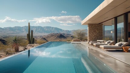 Relaxing by the pool in the desert. Generative AI.
