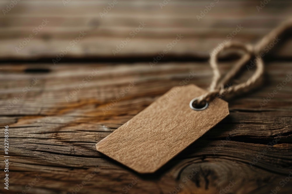 Poster a single brown tag stuck to a wooden table, suitable for use as a prop in various settings