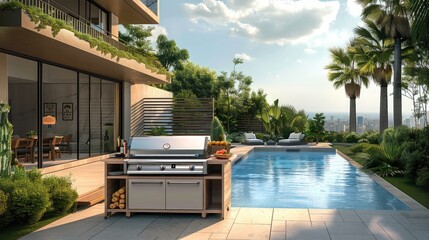 Outdoor bbq settings with the pool with blue water, bushes, palm trees, modern houses and blue sky in the background. Generative AI.