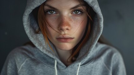 Fototapeta premium A person wearing a hoodie with visible freckles on their face, suitable for various uses such as portraits or casual scenes
