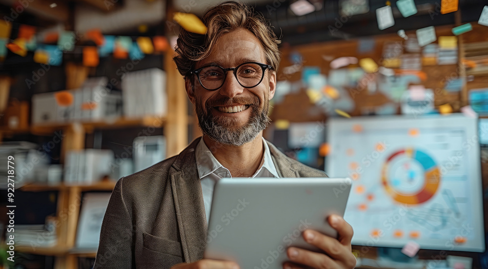 Leinwandbilder a businessman standing in a modern office, triumphantly holding a tablet displaying impressive sales