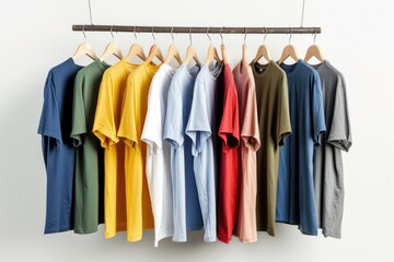 A collection of shirts displayed on a clothes rack, suitable for fashion or clothing store use