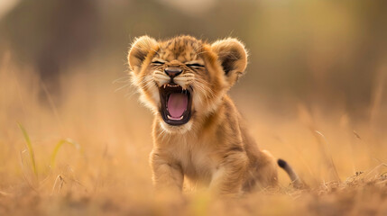 Close-up of a small, cute African lion cub or baby animal roaring, adorable wild cat is in the wilderness on a safari, in the African Savannah or Kenya carnivore predator, young king of the jungle