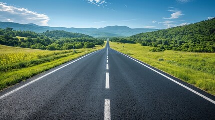 Naklejka premium Tranquil Scenic Highway: Empty Road with Clear Blue Sky and Pristine Landscape