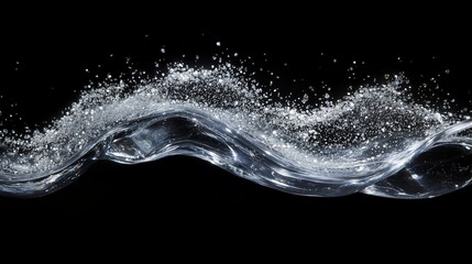 A dynamic wave of water with bubbles against a black background.