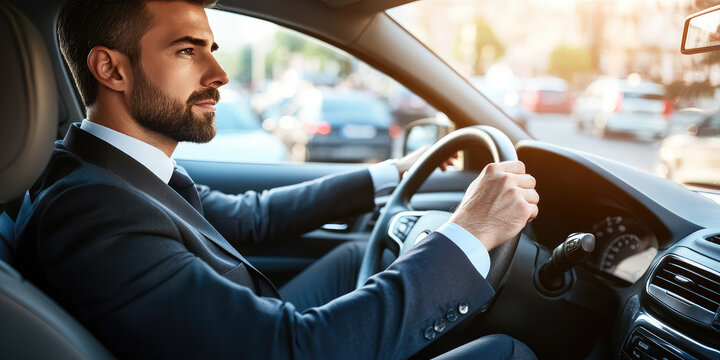 A business man in a suit sits behind the wheel of a car and directs traffic. Business cab, private driver