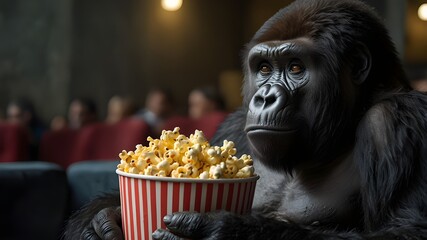 Gorilla watching a movie and eating popcorn