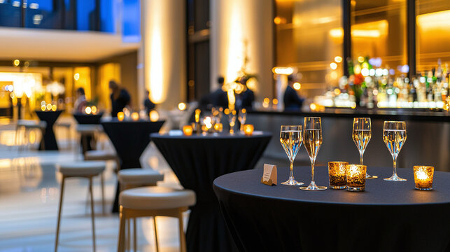an executive cocktail event setup with high-top tables, candlelit ambiance, and a luxurious bar in the background