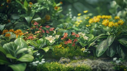 Fototapeta premium Close-up of lush green plants and intricate flower arrangements in a beautifully landscaped garden