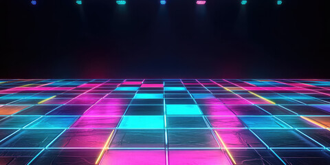 Abstract Empty Dance Floor with Neon Lights. Night dance club floor, disco floor