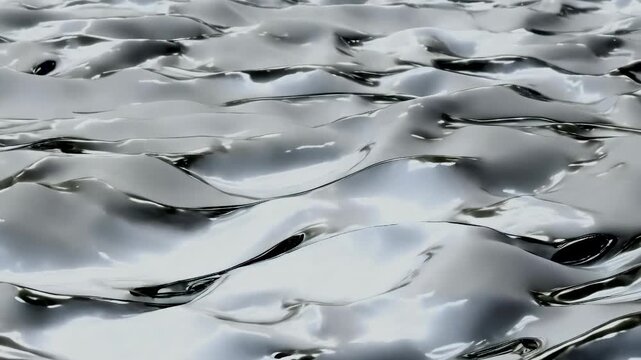 A close-up view of rippling silver liquid creates a metallic, reflective surface. The waves and fluidity suggest motion and light play, creating a calming, abstract visual effect.