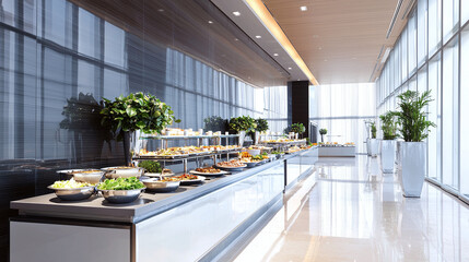 an executive event space featuring a modern buffet setup with sleek, minimalist design
