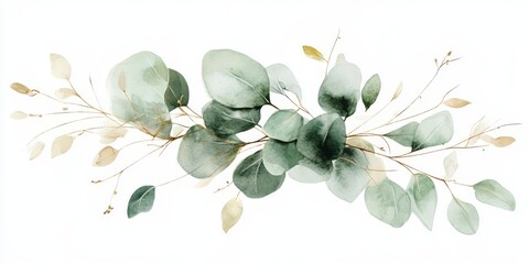 This stunning watercolor illustration showcases a eucalyptus sprig with soft, soothing hues of green complemented by delicate gold accents, making it an ideal choice for enhancing your home decor