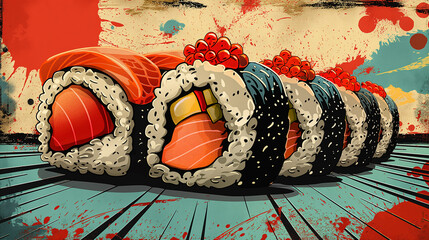 It is a Sushi ad designed like a comic book cover. It's a pop art sushi ad. sushi advertisement banner with copy space.	