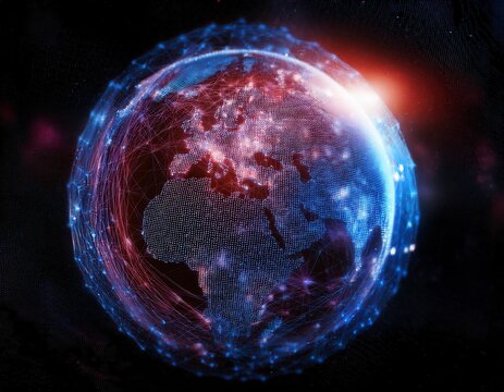 Earth globe with Erope map, telecommunication and data transfer networks with global internet and artificial intelligence connectivity for communication technology. Generated image
