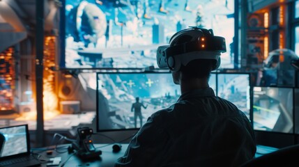 Immersive virtual reality setup with a user fully engaged in a dynamic 3D environment,