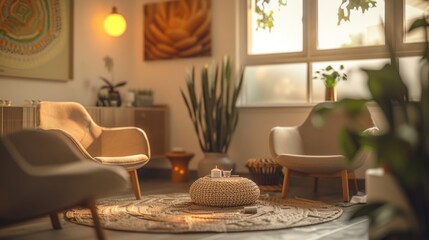 Close-up of a therapy room with calming decor and mental health tools, illustrating a safe space for emotional well-being