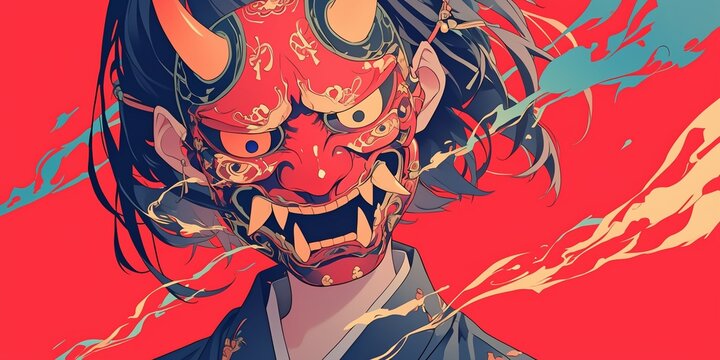 Japanese oni mask young woman girl looking at the camera on simply red colorful background, anime illustration, copy space, festive, evil character design