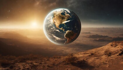 Planet Earth floating in a deserted land with sun and sky in the backgorund, climate change, global warming