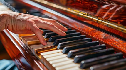 Close-up of a grand piano keyboard with hands playing, showcasing intricate details and polished keys