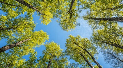 A photograph of looking up at the canopy in an endless forest