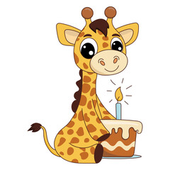 Cute giraffe for children. Birthday greetings, cake and party candle. Vector illustration