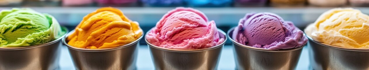 Colorful ice cream scoops in metal tins at a store counter