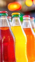 Colorful soft drink bottles arranged with droplets in a lively setting