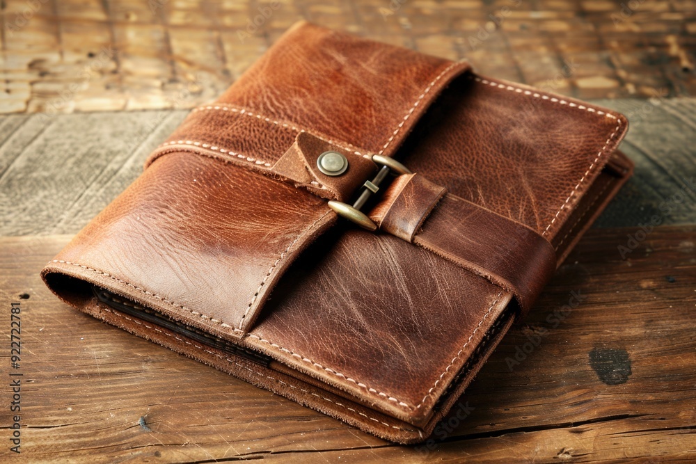 Poster a brown leather wallet lies open on a wooden table, perfect for displaying or using as a prop in you