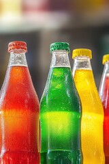 Colorful soft drink bottles lined up on a shelf in a bright store