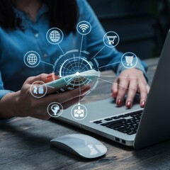 Woman Holding Smartphone with IT Icons: A Modern Technology Concept, Innovative IT Background: Woman with Smartphone Surrounded by Digital Icons, Technology in Action: Woman Holding Smartphone with IT