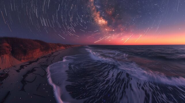 startrail captured from a beach on the Outer Cape Cod National Seashore, created in a single long exposure. The circular motion of the stars contrasts against the serene, dark ocean